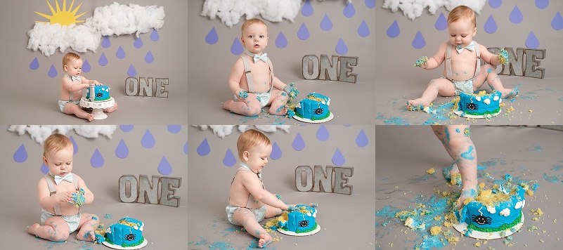 Mt Clemens Cakesmash Photographer boy with itsy bitsy spider cake, clouds, rain