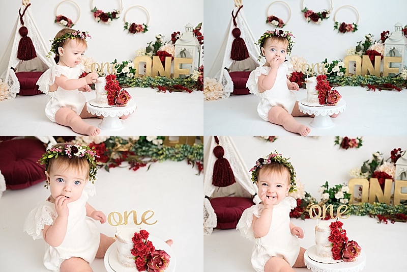 red and gold girl cake smash session