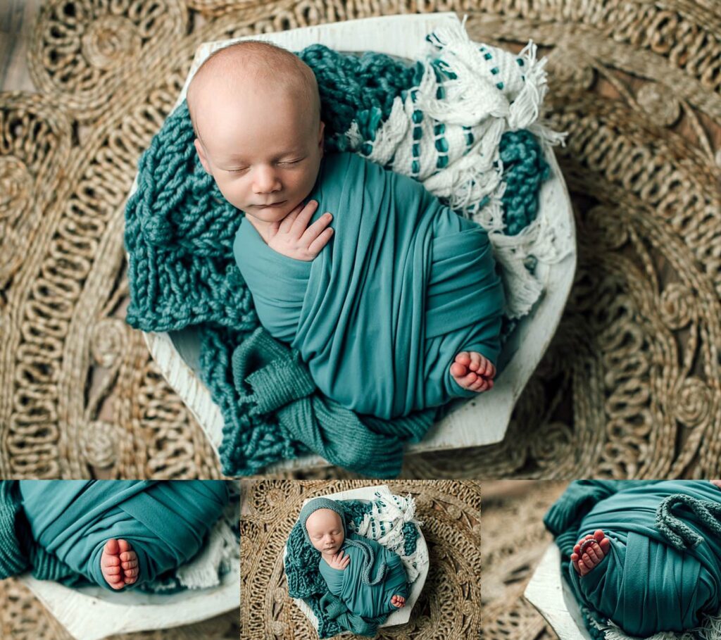 baby boy in teal wrap with teal and white accents