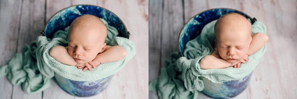 macomb newborn baby boy in blue and green bucket
