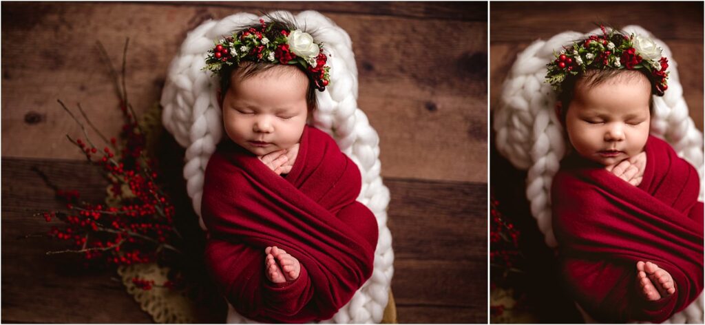 newborn girl in red wrap holiday set with floral headband