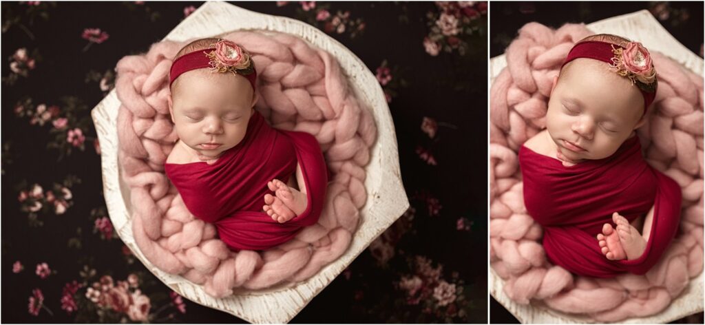 Michigan Newborn photographer, session girl on dark floral, red and pinks