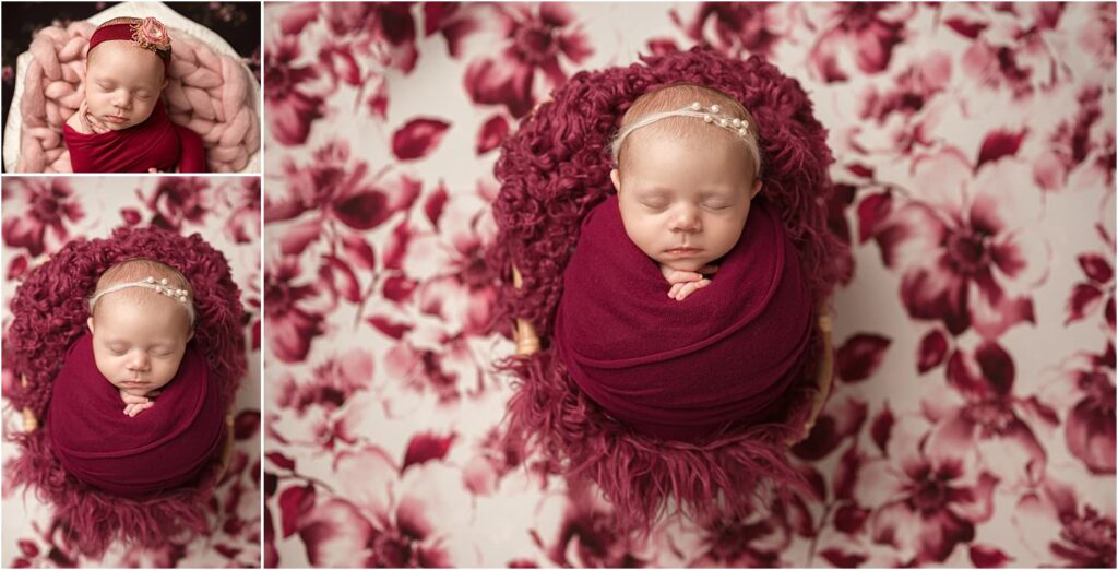Michigan Newborn photographer, potato sack pose on dark red floral